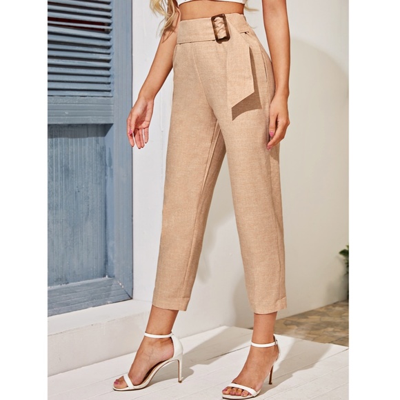 Beige Color Straight Leg Cropped Summer Pants - Picture 3 of 8